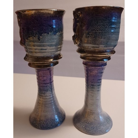 Goblets-Pair of Vintage Signed LaStella Art Pottery Goblets Medusa Mermaid OOAK - Picture 4 of 9